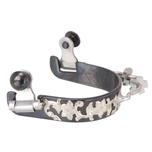 Tough-1 Black Steel Women's Bumper Spurs with Engraved Floral Silver Overlay, 78-190L-0-0 -Tough-1 Shop 1116355